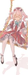  1girl aqua_hair aqua_ribbon beret black_shoes closed_eyes dress drill_hair hair_between_eyes hair_intakes hands_up hat highres honkai:_star_rail honkai_(series) hyacine_(honkai:_star_rail) layered_dress long_hair long_sleeves multicolored_hair neck_ribbon on_swing pantyhose parted_lips pink_hair puffy_long_sleeves puffy_sleeves red_dress red_hat ribbon sato_0204 shadow shoes smile solo swing twin_drills two-tone_hair white_background white_pantyhose white_sleeves 