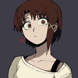  1girl asymmetrical_hair brown_eyes brown_hair closed_mouth commentary grey_background hair_ornament hairclip iwakura_lain junkou looking_at_viewer screentones serial_experiments_lain shirt short_hair signature simple_background single_sidelock solo white_shirt x_hair_ornament 