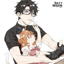  1boy 1girl aged_down animal_ears arm_up artist_name black-framed_eyewear black_hair black_shirt blue_eyes blush bright_pupils buttons candy cat_ears cat_tail child closed_mouth collarbone commentary_request controller eyelashes fate/grand_order fate_(series) fingernails food fujimaru_ritsuka_(female) fujimaru_ritsuka_(male) game_controller glasses hair_between_eyes hands_up holding holding_candy holding_controller holding_food holding_game_controller holding_lollipop kemonomimi_mode lollipop looking_at_another looking_to_the_side looking_up medium_hair nunok open_mouth orange_eyes orange_hair pink_skirt playing_games playing_video_games pleated_skirt puffy_short_sleeves puffy_sleeves semi-rimless_eyewear shirt short_hair short_sleeves simple_background skirt swirl_lollipop t-shirt tail turtleneck turtleneck_shirt upper_body white_background white_pupils white_shirt 