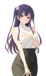  1girl :d \||/ blue_shirt blunt_bangs blurry blurry_background blush cherry_blossoms commentary_request cowboy_shot day flower hair_flower hair_ornament hands_up highres kohashi_wakaba long_hair long_sleeves looking_at_viewer multi-source_commentary neckerchief open_mouth outdoors pleated_skirt purple_eyes purple_hair red_neckerchief ruu_(tksymkw) sailor_collar school_uniform serafuku shirt skirt smile solo two_side_up wakaba_girl white_sailor_collar white_skirt 