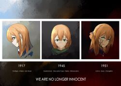  1girl absurdres brown_hair commentary cracked_skin english_commentary english_text girls_frontline glowing glowing_eyes gradient_background green_eyes hair_between_eyes hair_ribbon hair_rings highres korean_war looking_at_viewer looking_to_the_side macayase portrait ribbon sidelocks sidelocks_tied_back smile solo springfield_(girls'_frontline) world_war_i world_war_ii 