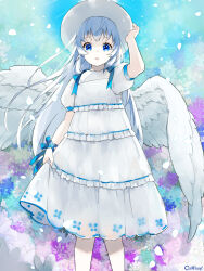  1girl angel_wings araragi_ran blue_eyes blue_ribbon chain_paradox copyright_name dress flower frilled_dress frills hat highres holding_own_dress long_hair pbwdouka ribbon short_sleeves solo standing white_dress white_hair white_hat wings 