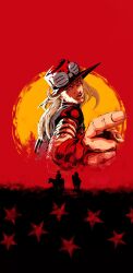  2boys american_flag american_flag_print blonde_hair cowboy_hat fingerless_gloves flag_print gloves goggles goggles_on_headwear gyro_zeppeli hat highres horse johnny_joestar jojo_no_kimyou_na_bouken kkratao long_hair multiple_boys pointing red_background red_dead_redemption_(series) silhouette star_(symbol) steel_ball_run sun 