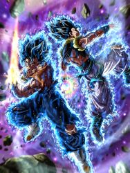  2boys arm_blade aura black_hair black_vest blue_pants blue_shirt boots commentary_request cropped_vest dougi dragon_ball dragon_ball_super energy_ball energy_blade full_body gloves gogeta highres hiro_(udkod1ezlyi2flo) male_focus metamoran_vest multiple_boys muscular muscular_male no_shirt open_clothes open_vest orange_shirt pants shirt spiky_hair torn_clothes torn_pants torn_vest ultra_instinct_sign vegetto vest weapon white_boots white_gloves white_pants 
