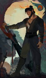  1boy absurdres beard belt black_boots black_gauntlets black_hair blue_robe bone boots brown_belt brown_pants chinese_clothes chinese_commentary chinstrap_beard closed_mouth commentary_request facial_hair from_side full_body hair_bun headband highres holding holding_sword holding_weapon hua_bucheng male_focus mature_male muscular muscular_male mustache outdoors pants pectoral_cleavage pectorals realistic robe skull solo soul_patch sword weapon where_winds_meet yi_dao_(where_winds_meet) 