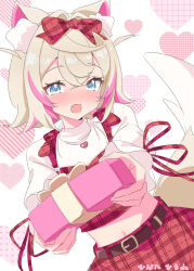  1girl alternate_costume animal_ears belt blonde_hair blue_eyes blush bow brown_belt commentary cropped_shirt cropped_vest crossed_bangs dog_ears dog_girl dog_tail double-parted_bangs fang hair_between_eyes hair_intakes heart heart_necklace highres hinata_hirune hololive hololive_english incoming_gift jewelry long_sleeves looking_at_viewer mococo_abyssgard multicolored_hair necklace open_mouth pink_streaks plaid_clothes plaid_skirt plaid_vest raised_eyebrows red_bow red_skirt red_vest shirt short_hair skin_fang skirt solo streaked_hair tail two_side_up valentine vest virtual_youtuber white_shirt 