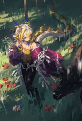  1girl arknights blonde_hair braid breasts chinese_hairpin choker closed_mouth collarbone commentary dragon_bean_(arknights) dragon_horns dragon_tail eastern_dragon_horns eastern_dragon_tail hair_intakes highres horns jacket jewelry long_hair long_sleeves loong_(loong_blo) official_alternate_costume official_alternate_hairstyle pants pointy_ears purple_jacket purple_pants shirt shu_(arknights) shu_(spring_feast)_(arknights) small_breasts solo tail tree very_long_hair wide_sleeves yellow_choker yellow_shirt 