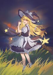  1girl absurdres apron arm_up artist_name back_bow black_hat black_shoes black_skirt black_vest blonde_hair bow braid broom closed_mouth collared_shirt commentary_request fingernails frilled_apron frilled_bow frilled_skirt frilled_socks frills from_side full_body grass hat hat_bow highres holding holding_broom kirisame_marisa long_hair longxiao2784 looking_at_viewer mountain nail_polish night outdoors puffy_short_sleeves puffy_sleeves shirt shoes short_sleeves single_braid skirt skirt_set smile socks solo star_(symbol) tall_grass touhou turning_head vest waist_apron water white_apron white_bow white_nails white_socks witch_hat yellow_eyes 