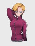  1girl android_18 arm_behind_head blonde_hair blue_eyes closed_mouth dragon_ball dragon_ball_super grey_background jacket kemachiku long_sleeves looking_at_viewer red_jacket short_hair simple_background solo track_jacket zipper 