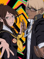  1boy 1girl :o ace_attorney amikoiiko apollo_justice:_ace_attorney badge black-framed_eyewear black_background black_jacket black_sailor_collar blonde_hair blue_eyes brown_hair button_badge chain chain_necklace chromatic_aberration closed_mouth collared_shirt commentary cosplay dark-skinned_male dark_skin drill_hair earrings ema_skye english_commentary facing_to_the_side fingernails glasses half_updo highres houndstooth index_ring initial jacket jewelry klavier_gavin kujikawa_rise kujikawa_rise_(cosplay) light_smile long_hair long_sleeves looking_at_viewer middle_ring mismatched_eyebrows multiple_rings narukami_yu narukami_yu_(cosplay) neckerchief necklace open_collar outstretched_arm persona persona_4 pink-framed_eyewear pink_lips ring sailor_collar school_uniform serafuku shirt side_drill single_earring smile spiral_background teeth two-tone_background upper_body white_shirt yasogami_school_uniform yellow_neckerchief 