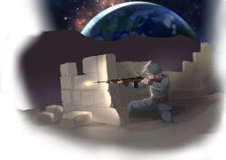  1girl absurdres aiming arms_up bullet closed_mouth commentary earth_(planet) english_commentary firing from_side grey_hat grey_pants grey_shirt gun hat highres legs_apart long_hair long_sleeves military_uniform pants pi-nattus pink_hair planet red_eyes reisen_udongein_inaba rifle shirt smile sniper_rifle solo space touhou weapon wide_shot 