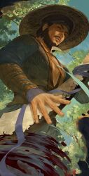  1boy absurdres beard belt black_hair blood blue_headband blue_robe blue_sky branch brown_belt brown_eyes chinese_clothes chinstrap_beard commentary_request facial_hair gauntlets hand_wraps hat headband highres hua_bucheng looking_at_viewer male_focus mature_male muscular muscular_male mustache outdoors pectoral_cleavage pectorals realistic reflection reflective_liquid rice_hat robe short_hair sky solo soul_patch straw_hat tree water where_winds_meet yi_dao_(where_winds_meet) 