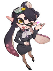  1girl absurdres alternate_costume black_hair callie_(splatoon) gonzarez heart high_heels highres inkling long_hair mole mole_under_eye multiple_girls one_eye_closed pantyhose pointy_ears smile solo splatoon_(series) splatoon_1 tentacle_hair 