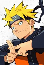  1boy arms_up black_jacket blonde_hair blue_eyes closed_mouth facial_mark floating_headgear headgear highres isaacchief300 jacket kuji-in long_sleeves male_focus multicolored_jacket naruto_(series) naruto_shippuuden orange_jacket short_hair simple_background solo spiky_hair upper_body uzumaki_naruto whisker_markings white_background wide-eyed zipper 