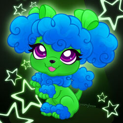  absurdres blue_hair dog green_fur highres littlest_pet_shop lps_poodle_206 no_humans open_mouth poodle signature solo sparkytopia star_(symbol) tail violet_eyes 