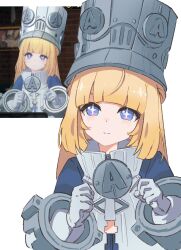  1girl blonde_hair blue_eyes blue_jacket blush closed_mouth commentary_request game_screenshot_inset gloves grey_hat hands_up hat highres jacket kaki1345846 large_hat long_hair norma_(zenless_zone_zero) screenshot_inset smile star-shaped_pupils star_(symbol) symbol-shaped_pupils upper_body white_background white_gloves zenless_zone_zero 