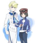  2boys apron ascot blonde_hair blue_ascot blue_eyes buttons calem_(pokemon) clenched_hand closed_mouth commentary_request eyewear_on_headwear grey_eyes hand_in_pocket hat highres holding holding_poke_ball jacket long_sleeves looking_at_viewer male_focus multiple_boys pants poke_ball poke_ball_(basic) pokemon pokemon_(game) pokemon_xy red_headwear sana_(37pisana) shirt short_hair siebold_(pokemon) sunglasses turtleneck turtleneck_jacket waist_apron white_apron white_pants white_shirt zipper_pull_tab 
