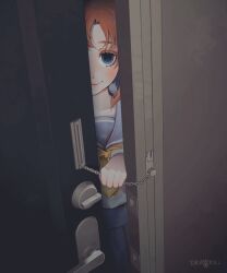  1girl animated animated_gif blue_sailor_collar blue_skirt blush bow bowtie chain colored_eyebrows colored_eyelashes crazy_smile door door_chain door_handle door_lock drawkill facing_viewer higurashi_no_naku_koro_ni holding holding_chain horror_(theme) indoors lock looking_at_viewer multiple_expressions neckerchief one_eye_covered open_door opening_door orange_hair parted_bangs pleated_skirt pov ryuuguu_rena sailor sailor_collar shirt signature skirt smile smug staring white_shirt yandere yellow_neckerchief 