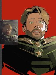  1boy 2ten6 absurdres beard bulletproof_vest facial_hair full_beard highres large_pectorals male_focus mars_symbol mature_male messy_hair pectorals soldier_boy_(the_boys) solo superhero_costume the_boys upper_body 
