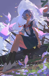  1girl absurdres ayanami_rei bird blue_hair chinese_commentary clouds dove flower highres neon_genesis_evangelion red_eyes school_uniform short_hair solo tokyo-3_middle_school_uniform white_bird zigou 