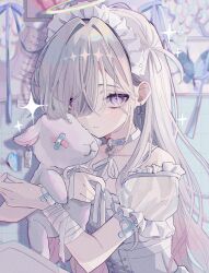  1girl animal_print bandage_over_one_eye bandaged_arm bandages butterfly_print choker closed_mouth collarbone commentary_request corset cross cross_earrings crossed_bandaids diamond-shaped_pupils diamond_(shape) dot_nose dress earrings gauze gauze_on_arm gauze_on_hand gradient_hair grey_hair hair_between_eyes hair_over_one_eye halo heart heart_choker highres holding holding_stuffed_toy jewelry long_hair looking_at_viewer lying maid maid_headdress multicolored_hair nanamiya_ten on_side original pink_eyes pink_hair puffy_short_sleeves puffy_sleeves ribbon see-through_clothes see-through_sleeves short_sleeves sidelocks solo sparkle_print stuffed_animal stuffed_sheep stuffed_toy symbol-shaped_pupils very_long_hair white_choker white_corset white_dress white_hair white_ribbon white_theme yellow_halo 