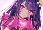 1girl close-up closed_mouth commentary_request dress gloves hair_ornament heart heart_hands hoshino_ai_(oshi_no_ko) idol karutamo long_hair looking_at_viewer oshi_no_ko partial_commentary pink_dress pink_eyes pink_gloves purple_hair rabbit_hair_ornament smile solo star-shaped_pupils star_(symbol) swept_bangs symbol-shaped_pupils upper_body 