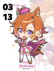  1girl animal_ears armor blush boots breasts cape character_name chibi commentary_request crown fingerless_gloves gloves gold_boots gold_corset hair_between_eyes happy_birthday highres horse_ears horse_girl horse_tail jewelry kanntsukirin long_sleeves looking_at_viewer mini_crown multiple_rings open_mouth orange_hair orange_tail pink_cape pink_crown ring shirt short_hair shoulder_armor single_fingerless_glove skirt smile t.m._opera_o_(o_sole_suo!)_(umamusume) t.m._opera_o_(umamusume) tail thigh-highs two-tone_skirt umamusume violet_eyes white_shirt white_thighhighs zoom_layer 
