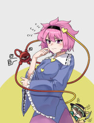  2girls :d ^^^ black_hairband black_hat blush breasts buttons chibi closed_mouth collared_shirt commentary_request contrast_collar frilled_shirt_collar frills green_hair grey_background hairband hand_up hat hat_ribbon heart_button holding holding_knife knife komeiji_koishi komeiji_satori large_breasts long_sleeves multiple_girls open_clothes open_mouth open_shirt pi-nattus pink_eyes pink_hair pink_skirt ribbed_sweater ribbon shirt short_hair skirt smile sweater third-party_edit touhou yellow_shirt 