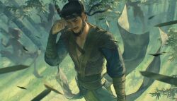  1boy 3others absurdres bamboo bamboo_forest beard black_hair blue_headband blue_robe chinese_clothes chinstrap_beard facial_hair forest gauntlets green_pants hair_bun hand_up headband highres hua_bucheng male_focus mature_male multiple_others mustache nature outdoors pants pectoral_cleavage pectorals realistic robe short_hair smirk solo_focus soul_patch standing sword sword_on_back weapon weapon_on_back where_winds_meet yi_dao_(where_winds_meet) 