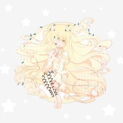  1girl absurdly_long_hair blonde_hair blunt_bangs boots chinese_commentary classic_lolita collared_dress commentary_request dress finger_to_mouth floating_hair flower flower_in_eye frilled_dress frills full_body grey_background hair_flower hair_ornament hair_spread_out halftone hand_on_own_leg high_collar highres juliet_sleeves kirakishou knees_up lace-up_boots leaf lolita_fashion long_hair long_sleeves looking_at_viewer miqing mixed-language_commentary open_mouth picture_frame puffy_sleeves rose rozen_maiden short_dress sitting solo star_(symbol) star_symbol_background symbol_in_eye thigh_boots two_side_up very_long_hair wavy_hair white_boots white_dress white_flower white_rose yellow_eyes 