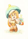  1girl chao_(sonic) cheese_(sonic) cream_the_rabbit finik hat highres holding holding_umbrella open_mouth puddle rain shoes simple_background sonic_(series) teeth umbrella upper_teeth_only 