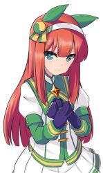  1girl animal_ears black_bow black_gloves blunt_bangs blush bow closed_mouth commentary_request ear_covers gloves green_eyes green_sailor_collar green_sleeves hairband highres hime_cut horse_ears horse_girl long_hair long_sleeves looking_at_viewer maruta_(denmasked) orange_hair pleated_skirt sailor_collar silence_suzuka_(innocent_silence)_(umamusume) silence_suzuka_(umamusume) simple_background skirt smile solo umamusume white_background white_hairband white_skirt 