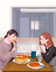  2girls absurdres black_eyes black_hair black_shirt brown_eyes brown_hair closed_mouth commentary_request cup dress eating food fork from_side grey_dress grey_sweater highres holding holding_fork indoors kasuga_totoko knife low_ponytail multiple_girls nomoto_yuki pancake pancake_stack plaid_clothes plaid_dress ponytail shirt smile sweater tsukuritai_onna_to_tabetai_onna yuzaki_sakaomi 