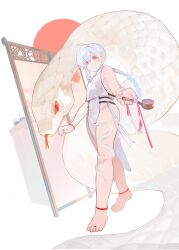  1boy animal_on_leg anklet bare_legs barefoot china_dress chinese_clothes chinese_zodiac closed_mouth dress erlenmeyer_flask flask forked_tongue full_body highres holding hookah jewelry lattice long_braid long_hair looking_at_viewer male_focus no_pupils original pelvic_curtain psychokokuon red_eyes revealing_clothes snake solo standing toes tongue trap white_background white_dress white_hair year_of_the_snake 