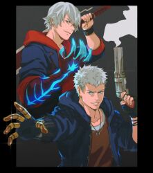  2boys arm_up blue_eyes blue_jacket closed_mouth commentary crew_neck devil_may_cry_(series) devil_may_cry_4 devil_may_cry_5 english_commentary grin gun highres holding holding_gun holding_sword holding_weapon hood hood_down jacket jewelry left-handed male_focus medium_sideburns multicolored_jacket multiple_boys multiple_views necklace nero_(devil_may_cry) open_clothes open_jacket outstretched_arm parted_hair red_shirt shirt short_hair sideburns smile smoke sword tirtyturtle weapon wristband 