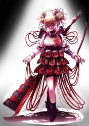  1girl artist_name blonde_hair blood blood_bag blood_on_clothes blood_on_face boku_no_hero_academia closed_eyes clothes_lift commentary crossed_legs curtsey double_bun full_body grey_background hair_bun hat highres holding medium_hair nurse nurse_cap puffy_short_sleeves puffy_sleeves qb_0211 short_sleeves skirt skirt_lift smile solo spotlight toga_himiko toga_himiko_(bloody_dress) weapon weapon_on_back white_hat 