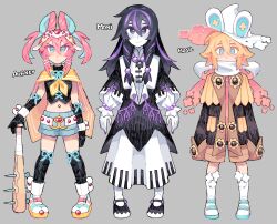  1boy 2girls absurdres alternate_costume alternate_hair_color alternate_hairstyle alternate_universe aubrey_(faraway)_(omori) aubrey_(omori) baseball_bat basil_(faraway)_(omori) basil_(omori) black_eyes black_gloves black_hair black_shoes black_socks blue_eyes blue_hair bright_pupils character_name closed_mouth double-parted_bangs elbow_gloves gloves grey_background hair_between_eyes hair_ornament hairclip hat highres holding holding_baseball_bat kneehighs long_sleeves looking_at_viewer mari_(omori) mari_(spirit)_(omori) multicolored_hair multiple_girls nail_(hardware) nail_bat omori parallel_hairclips pink_hair purple_hair purple_nails remi_(mozzaremi) shoes short_hair short_twintails sidelocks simple_background smile sneakers socks something_(omori) twintails two-tone_hair white_hat white_pupils white_shoes white_socks white_wrist_cuffs wrist_cuffs 