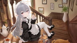  1girl absurdres apron cat cookie elf food highres maid maid_apron maid_headdress mary_janes original pantyhose pointy_ears red_eyes shoes stairs tea white_hair white_pantyhose ye_yemail 