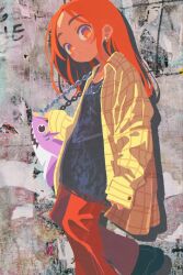  1girl bag commentary_request denim dress earrings expressionless flat_chest handbag highres jewelry long_hair looking_at_viewer necklace open_clothes open_shirt orange_eyes orange_hair original solo takarai_shunsuke 