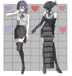  2girls apron arria_ekberg bare_arms bare_shoulders black_apron black_choker black_gloves black_ribbon black_shorts black_thighhighs bomb bomb_devil_(chainsaw_man) border breasts brown_shoes chainsaw_man choker closed_mouth collared_shirt commentary_request dual_persona explosive full_body gloves green_eyes grenade_pin grey_background grid_background hair_between_eyes hair_bun highres loafers looking_at_viewer medium_breasts medium_hair multiple_girls neck_ribbon purple_hair reze_(chainsaw_man) ribbon shirt shoes shorts sleeveless sleeveless_shirt smile standing thigh-highs updo usako2201min white_border white_shirt 