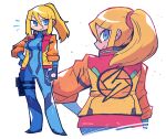  1girl absurdres blonde_hair blue_eyes bodysuit hand_on_own_hip highres long_hair looking_at_viewer looking_back metroid ponytail rariatto_(ganguri) samus_aran sleeves_rolled_up smile solo white_background 