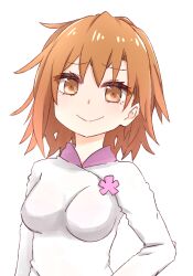  1girl ao_dai breasts brown_eyes brown_hair closed_mouth commentary_request dress i.u.y light_blush long_sleeves looking_at_viewer medium_breasts medium_hair misaka_worst partial_commentary simple_background smile solo toaru_majutsu_no_index toaru_majutsu_no_index:_new_testament upper_body vietnamese_clothes white_background white_dress 