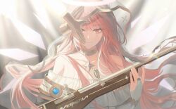  1girl absurdres ambience_synesthesia arknights bare_shoulders bridal_gauntlets choker closed_mouth detached_wings disembodied_hand dress gae_tteok00 grey_background gun halo highres holding holding_weapon lemuen_(arknights) lemuen_(requiem_vesperis)_(arknights) long_hair looking_at_viewer official_alternate_costume one_eye_covered pink_eyes pink_hair rifle see-through_clothes see-through_veil smile solo star_(symbol) star_choker traditional_halo upper_body veil weapon white_dress white_halo white_veil wings 