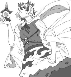  1girl animal_print bishamonten's_pagoda clenched_hand closed_mouth commentary_request dress greyscale hagoromo holding long_sleeves looking_at_viewer mero_(starfish_jcs) monochrome multicolored_hair neck_ribbon ribbon shawl short_hair solo streaked_hair tiger_print toramaru_shou touhou wide_sleeves 