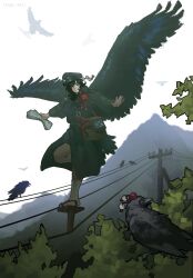  1girl absurdres bag bird bird_wings black_coat black_eyes black_hair black_hat character_request coat commentary crow forest geta gnom_na_korable hat highres mailbag mailman medium_hair mountain nature newspaper pom_pom_(clothes) power_lines shoulder_bag socks solo tengu tengu-geta tokin_hat touhou utility_pole white_socks wings 