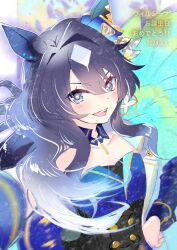  1girl animal_ears asymmetrical_jacket black_corset blue_eyes blue_hair blue_shirt blush breasts chiffon collarbone commentary_request corset ear_covers hair_between_eyes horse_ears horse_girl long_hair looking_at_viewer mole mole_under_eye open_mouth outstretched_arm reaching reaching_towards_viewer shirt single_ear_cover smile solo umamusume verxina_(le_beau_sommet)_(umamusume) verxina_(umamusume) 
