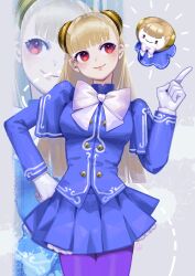  1girl blonde_hair blue_jacket blue_skirt blunt_bangs bow bowtie character_doll commentary cowboy_shot doll grey_background hairpods hand_on_own_hip highres ingrid_(capcom) jacket long_hair looking_at_object looking_to_the_side namamo_(squidrilling) pantyhose purple_pantyhose red_eyes skirt smile solo street_fighter street_fighter_6 white_bow white_bowtie zoom_layer 