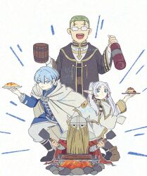 alcohol beard black_pants blue_eyes blue_hair boots bottle brown_boots cape closed_mouth dwarf earrings eisen_(sousou_no_frieren) elf facial_hair fake_horns food frieren full_beard glasses green_eyes green_hair heiter helmet highres himmel_(sousou_no_frieren) holding holding_plate horned_helmet horns jewelry meat mole mole_under_eye open_mouth pants plate pointy_ears priest red_cape simple_background somei2929 sousou_no_frieren teardrop_earrings twintails white_background white_cape white_hair white_pants wine wine_bottle 