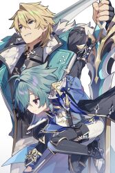  2boys black_boots black_coat black_gloves blonde_hair blue_coat boots coat commentary_request fingerless_gloves fur-trimmed_coat fur_trim genshin_impact gloves green_coat green_eyes green_hair grin highres holding holding_sword holding_weapon knee_boots lohen_(genshin_impact) long_sleeves male_focus multicolored_eyes multiple_boys p4ngch4n pants red_eyes shirt short_hair smile sword two-tone_eyes varka_(genshin_impact) weapon white_pants white_shirt 
