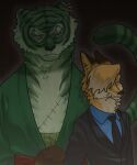  2boys black_suit blue_shirt cigarette formal fox_boy frown furrification furry furry_male gindogi green_fur green_kimono highres japanese_clothes kimono looking_at_viewer multiple_boys necktie one_piece open_clothes open_kimono red_eyes roronoa_zoro sanji_(one_piece) scar scar_across_eye shirt stitches suit tail_raised tiger_boy upper_body yellow_fur 